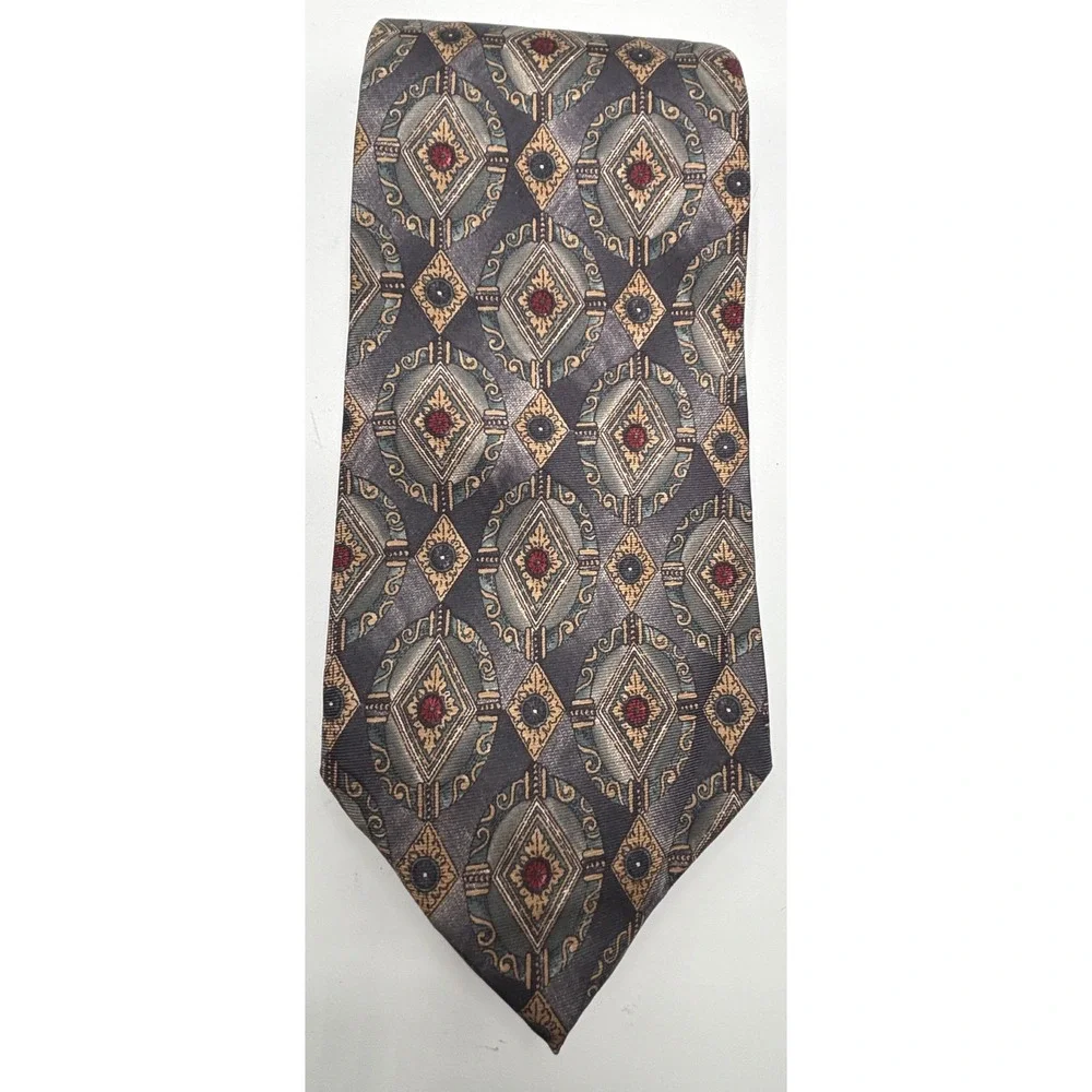 Etienne Aigner 100% Silk Necktie Gray Blue Geometric Medallion Classic Designer